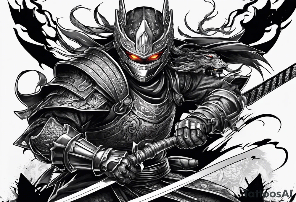 Angry Male Modern robot ninja with demon mask with swords in hands fighting dragon tattoo idea