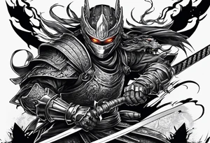 Angry Male Modern robot ninja with demon mask with swords in hands fighting dragon tattoo idea