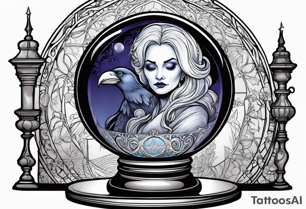 Madame leota haunted mansion in crystal ball on gothic stand with raven at side tattoo idea