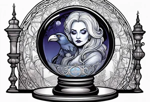 Madame leota haunted mansion in crystal ball on gothic stand with raven at side tattoo idea