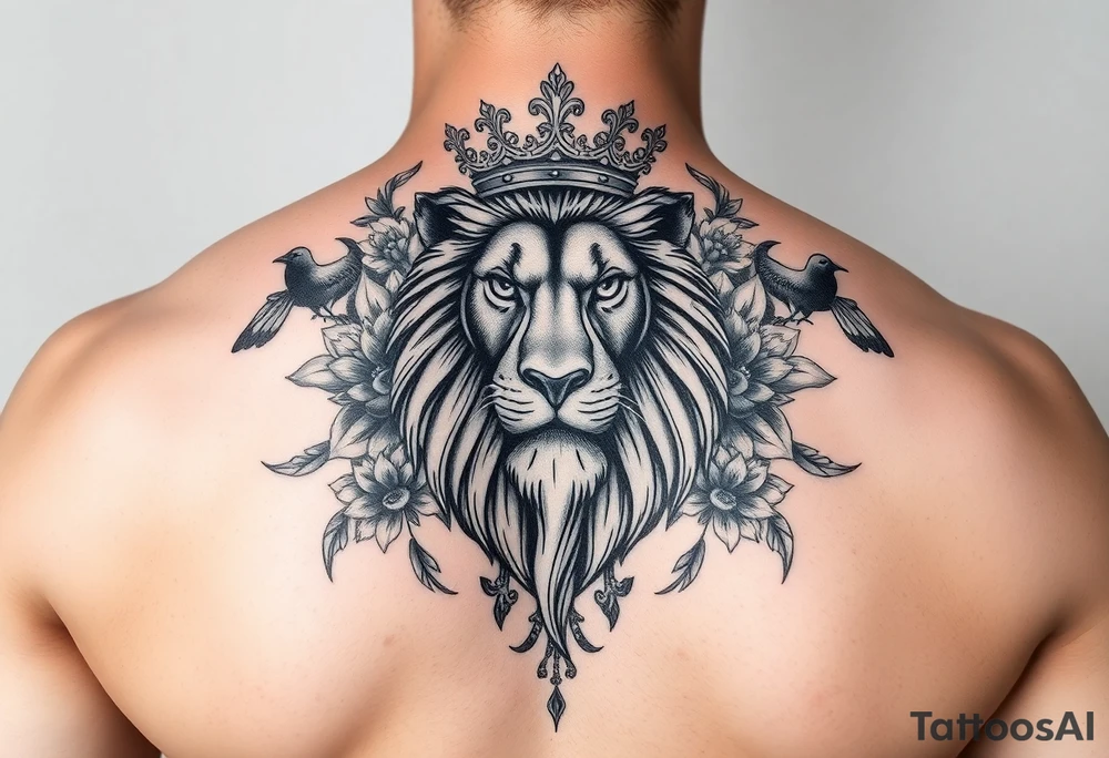 powerful majestic lion with a crown, surrounded by floral ornaments and birds tattoo idea
