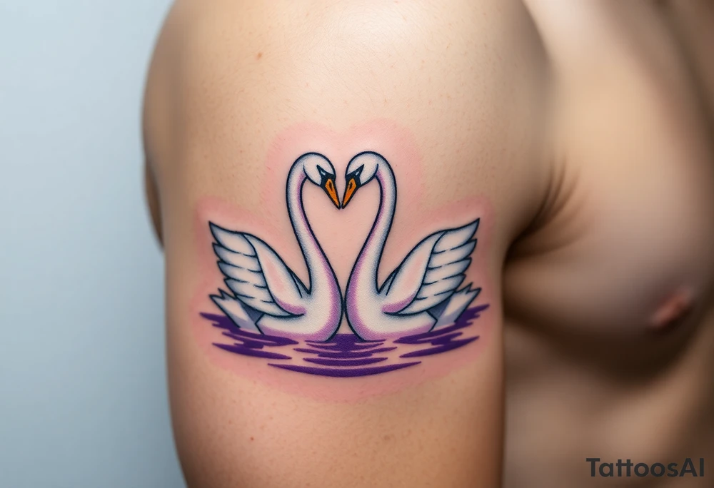 Two swans in graceful white with golden beaks, forming a heart with their necks, floating on a shimmering lavender-hued lake tattoo idea