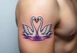 Two swans in graceful white with golden beaks, forming a heart with their necks, floating on a shimmering lavender-hued lake tattoo idea