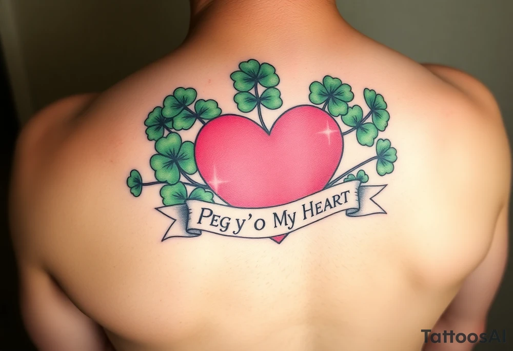 Bunch of Green shamrocks with a big pink heart and a banner across the heart that says " Peg 'o My Heart" tattoo idea