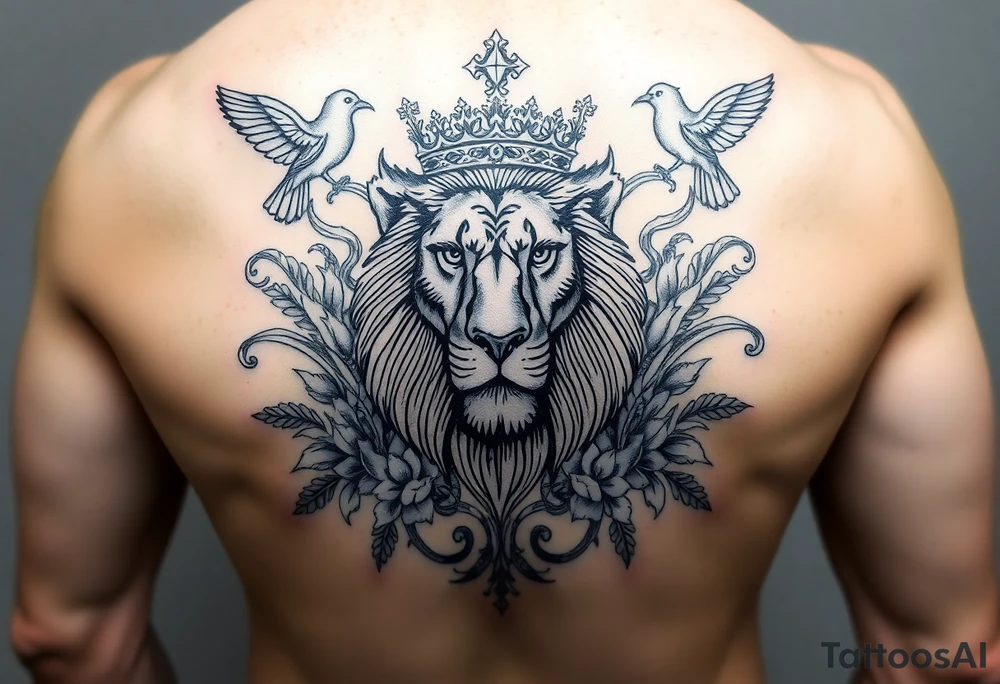 powerful majestic lion with a crown, surrounded by floral ornaments and birds tattoo idea