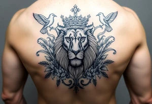 powerful majestic lion with a crown, surrounded by floral ornaments and birds tattoo idea