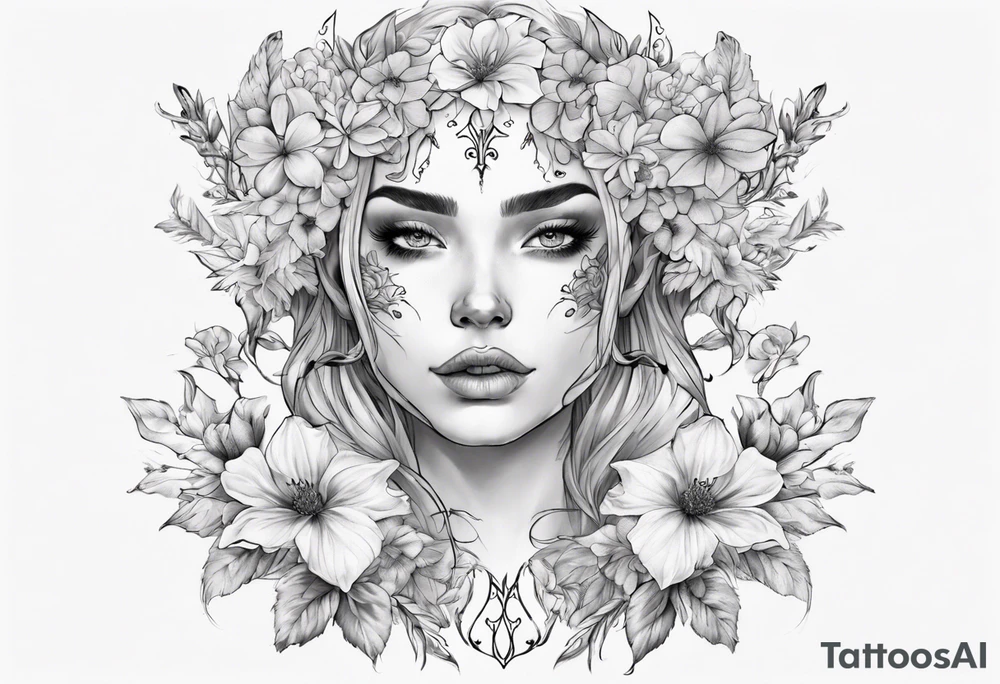 Face of elf covered in different flowers back tattoo tattoo idea Face of elf covered in different flowers back tattoo tattoo idea