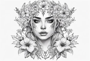 Face of elf covered in different flowers back tattoo tattoo idea