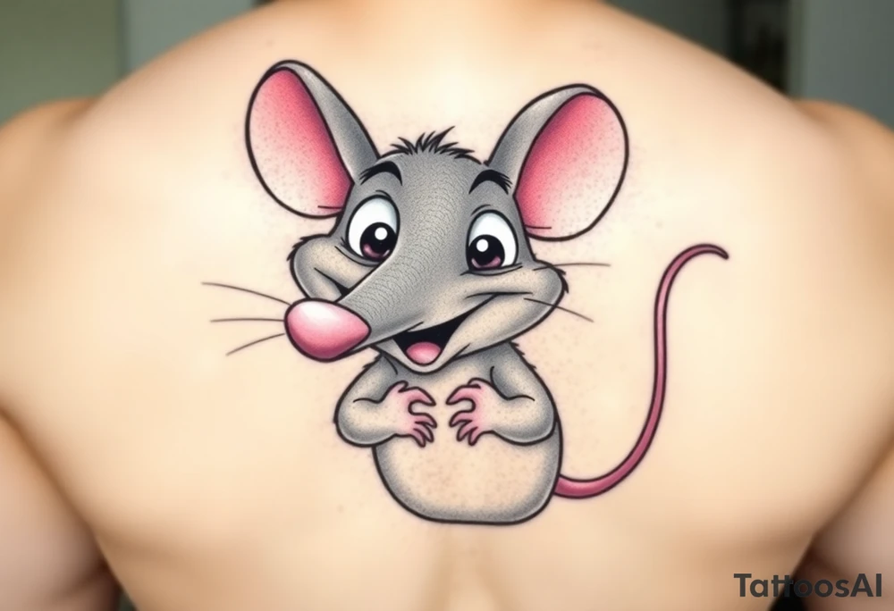The image shows a cartoon rat with a long pointed nose, huge bulging eyes, and a cheeky, mischievous smile. The rat is grey with big pink ears and a thin pink tail visible on the right. Its little hands are held up close to its chest in a playful, sneaky pose. The expression makes the rat look funny, surprised, and a bit sly at the same time.

I want all his body..bigger nose, eyes poped out from the head tattoo idea