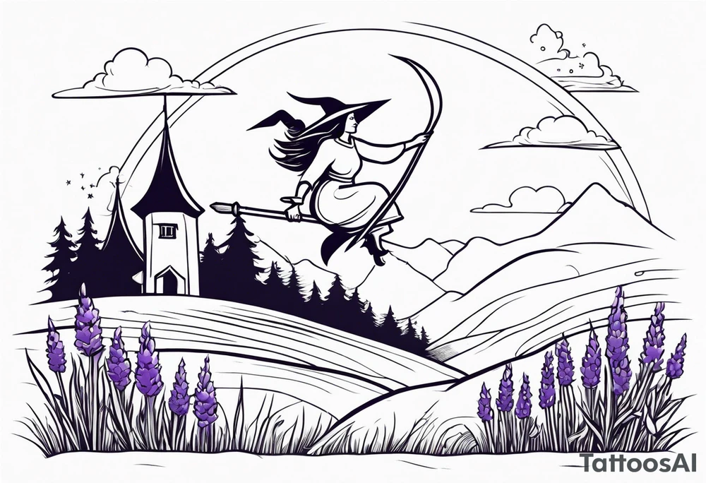 Witch on a broom flying over a field of lavender tattoo idea