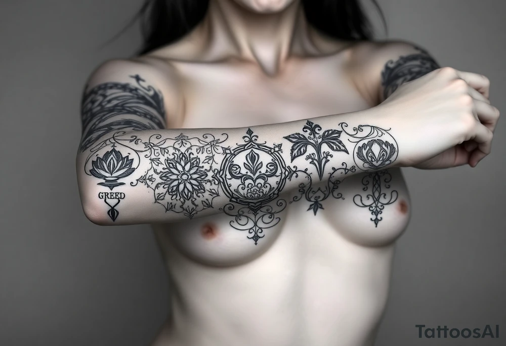 powerful sexy seven deadly sins with words greed, pride, gluttony, wrath, lust, sloth and envy, with a darkness kind of feeling tattoo idea
