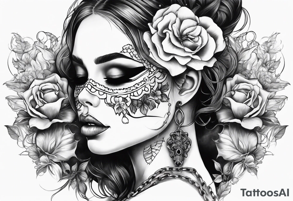 Draw me a Lady like skull with smoke out of his mouth add some flowers underneath with some ornamentals and Chains under it tattoo idea