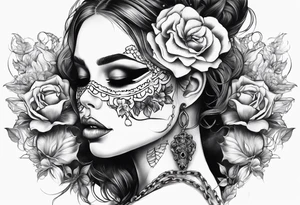 Draw me a Lady like skull with smoke out of his mouth add some flowers underneath with some ornamentals and Chains under it tattoo idea