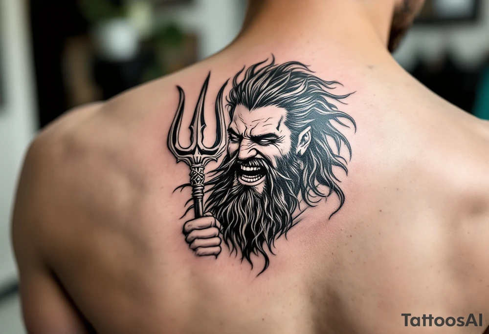 laughing poseidon, behind a trident, looking at his nose tattoo idea