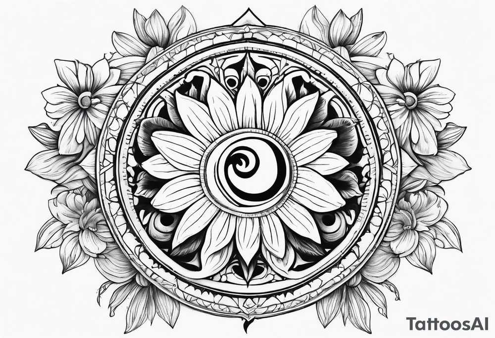 AUM symbol, sparrow, sunrays, staircase, cosmos, iris, daisy tattoo idea