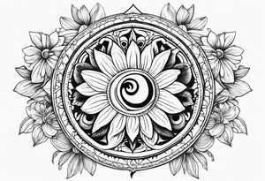 AUM symbol, sparrow, sunrays, staircase, cosmos, iris, daisy tattoo idea