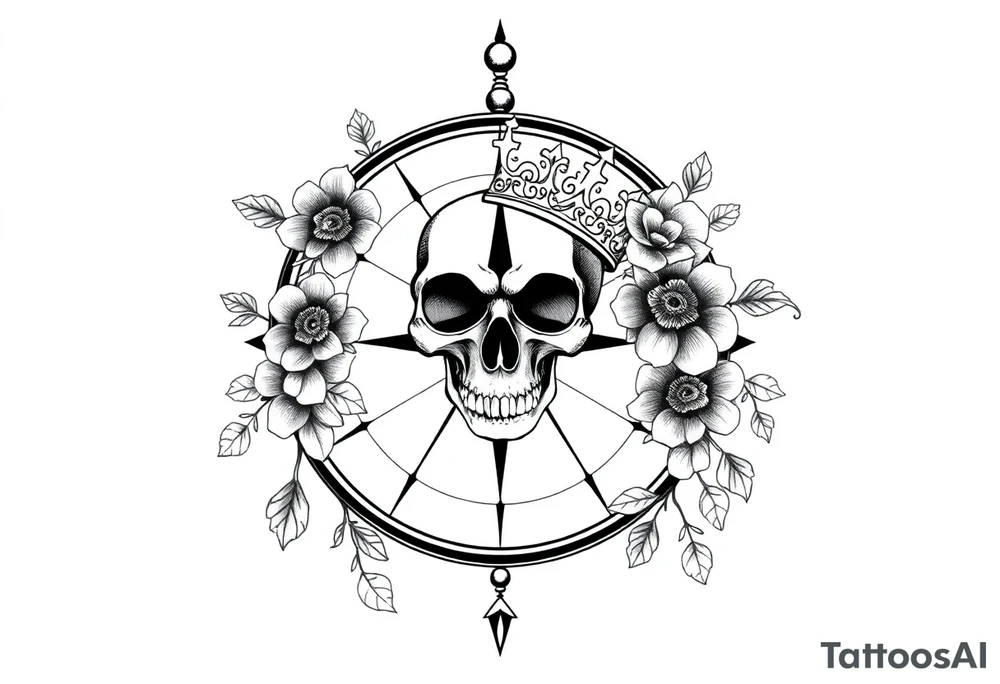 Compass with detailed beautiful gothic boho flowers on vine and skull with gorgeous crown tattoo idea