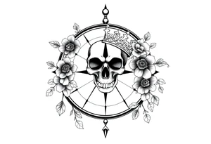 Compass with detailed beautiful gothic boho flowers on vine and skull with gorgeous crown tattoo idea