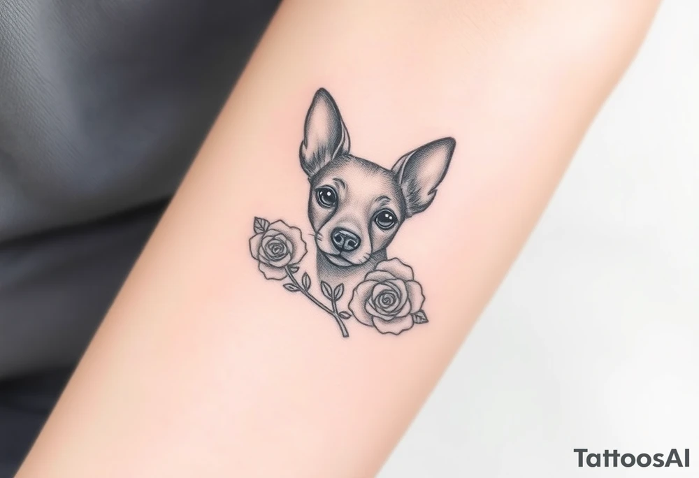 Cute female Brindle dog with the name kiwi . And a tiny rose around her . With her ears pointy a little big tattoo idea