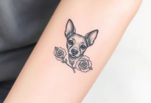 Cute female Brindle dog with the name kiwi . And a tiny rose around her . With her ears pointy a little big tattoo idea