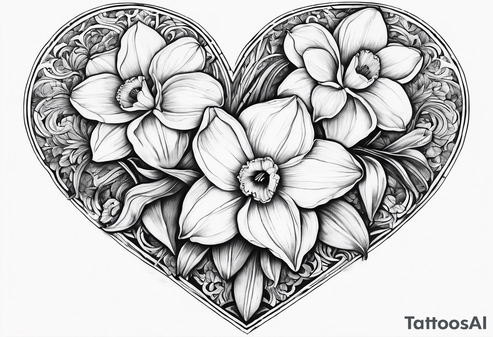Daffodils in a heart shape with pawprint in center tattoo idea