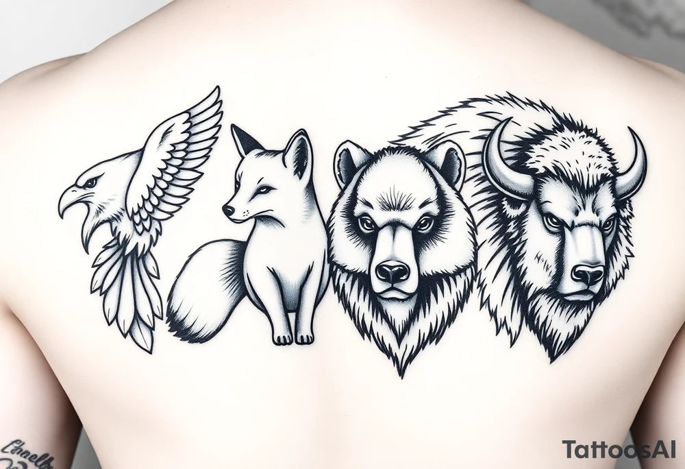 4 animals in a totem order, no space between them. An eagle, a fox, a bear and a bison. Black and white tattoo with fine clear but strong lines. It should show character and toughness. Light shadowing and pen/pencil type of illustration. 
It's for a group of siblings which will have the same tattoo (different order top to bottom) 

I said in a totem. tattoo idea