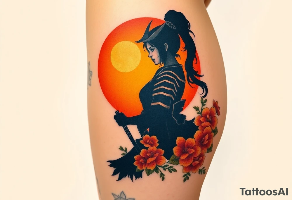 noble female samurai warrior silhouette at sunset with flowers, yellows and reds tattoo idea
