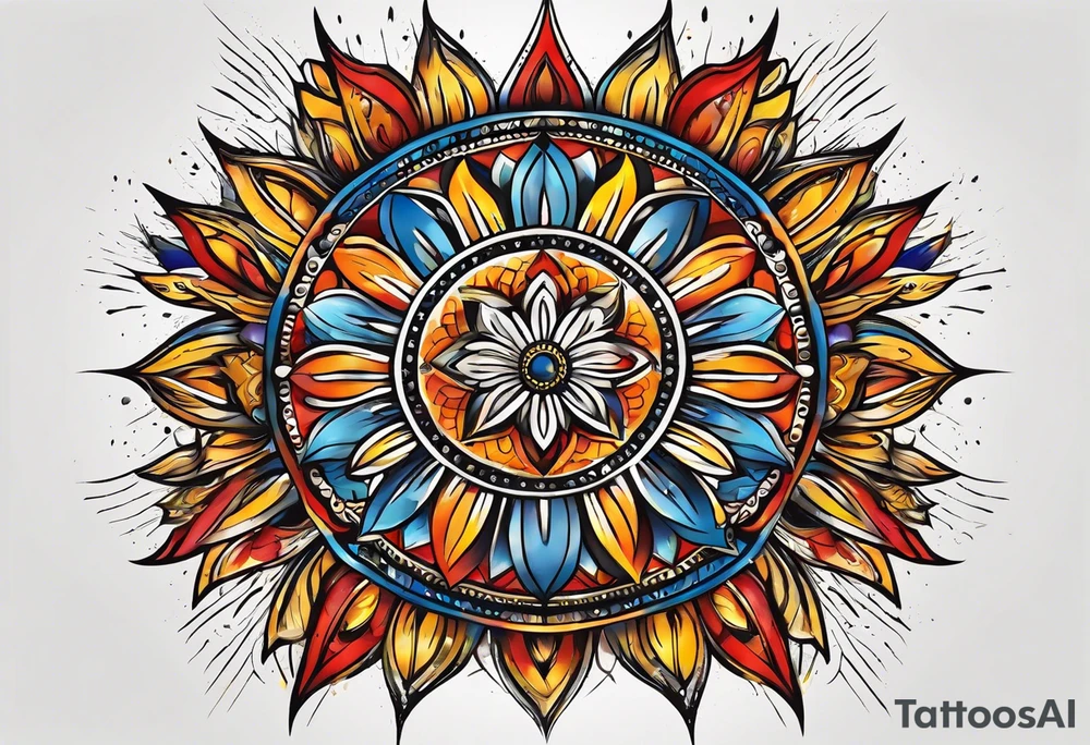 sunburst with yellow, orange, red, and blue colors tattoo idea
