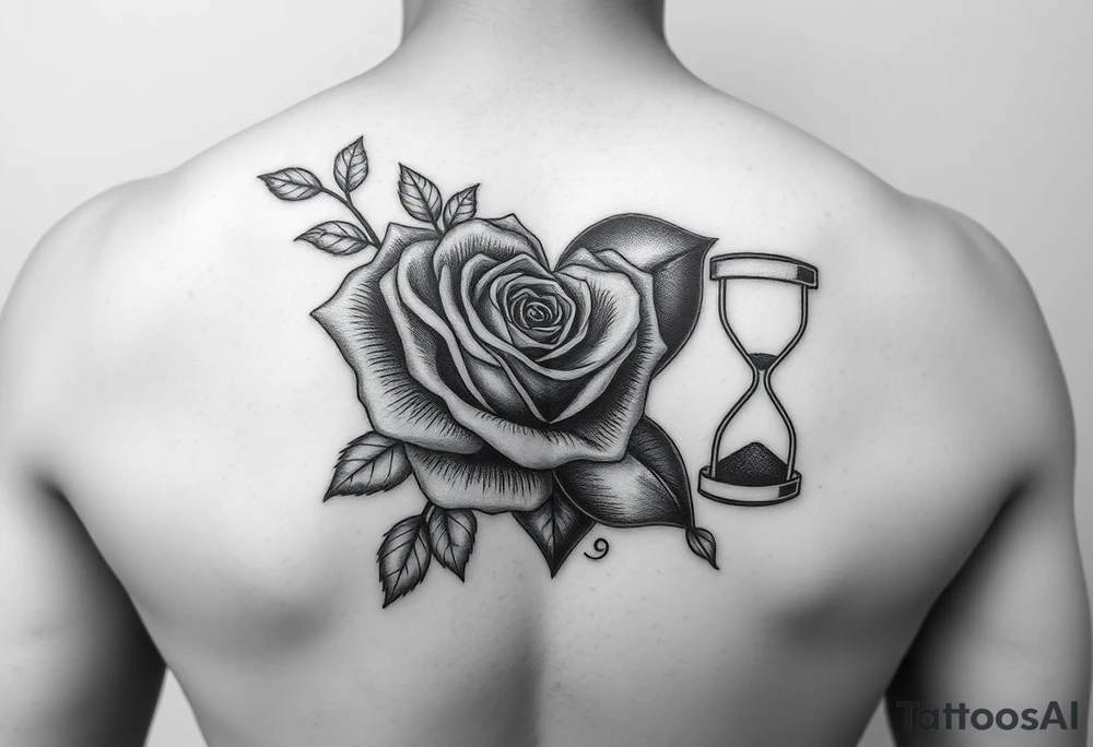 Arose in the shape of a heart with pieces of the Rose blowing away in the wind and the other half an hourglass with the sand out of time black and white feminine realistic for the top of my shoulder tattoo idea