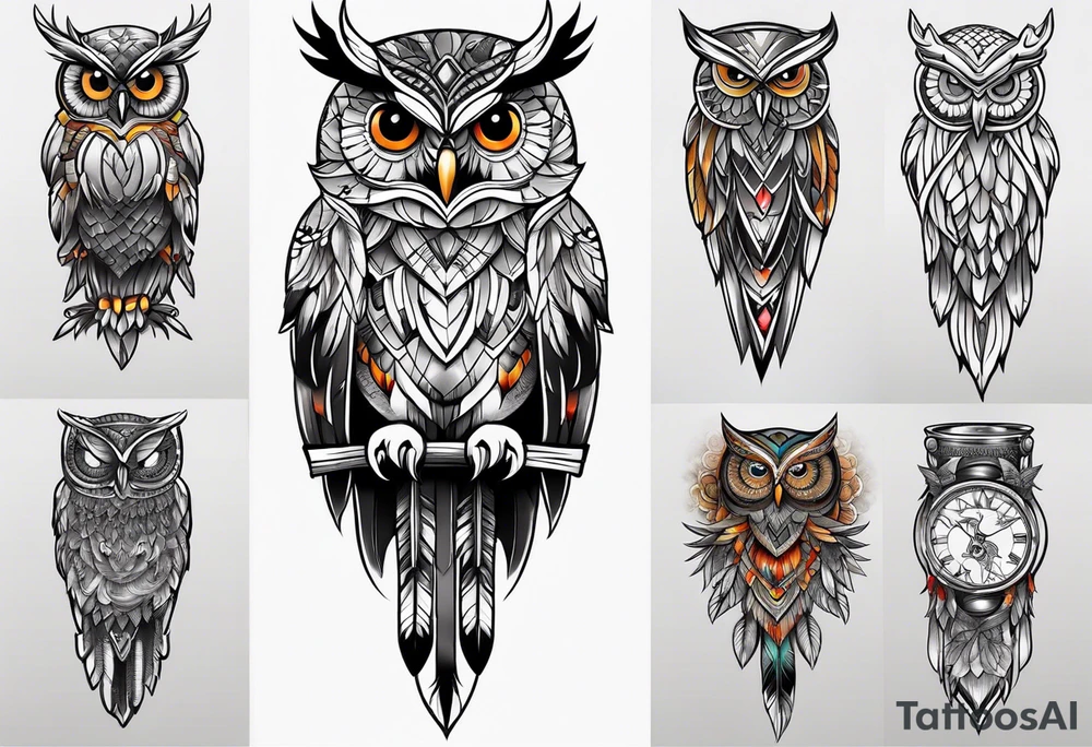Owl and dreamcatcher back of calf sleeve tattoo idea
