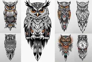 Owl and dreamcatcher back of calf sleeve tattoo idea