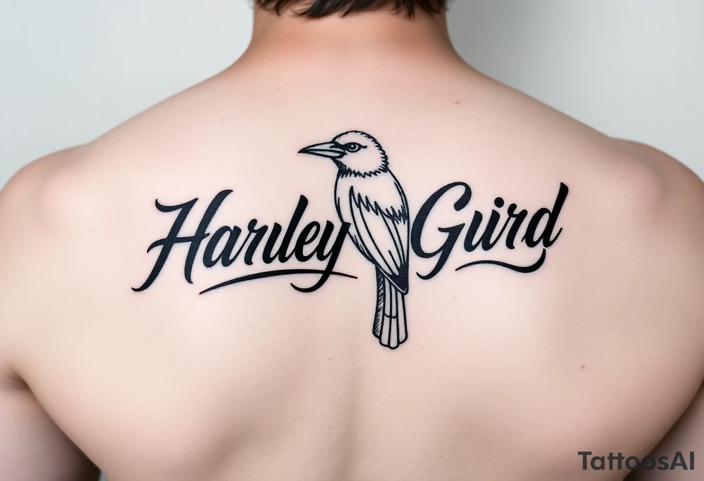 a couple names being Harley and Guy bird combined lettering meaning Harley bird tattoo idea