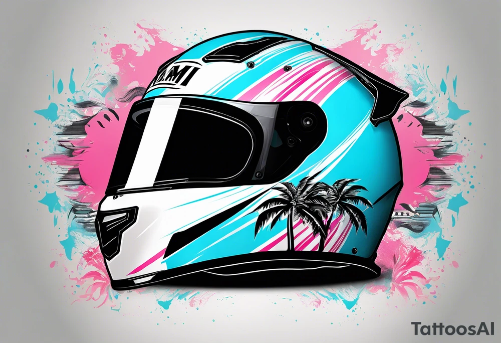 Formula 1 helment with the Miami name a palm tree and light blue black and pink colors tattoo idea