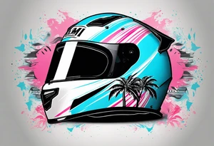 Formula 1 helment with the Miami name a palm tree and light blue black and pink colors tattoo idea