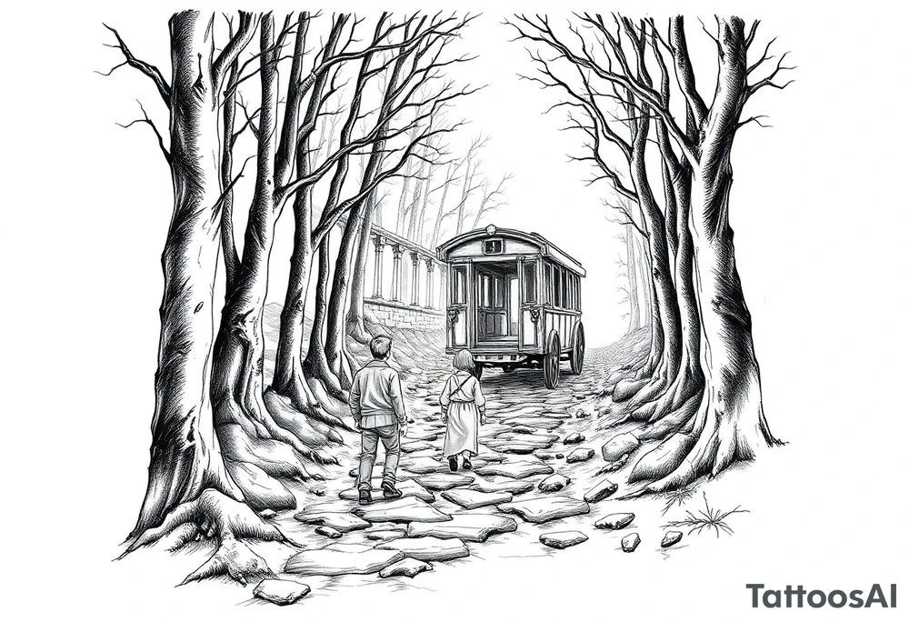 A boy walking up a forest path, DnD inspired, broken down carriage, tavern, glowing tunnel tattoo idea