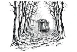 A boy walking up a forest path, DnD inspired, broken down carriage, tavern, glowing tunnel tattoo idea