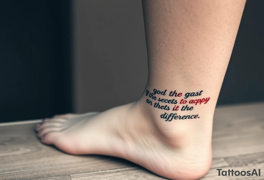 Generate a leg tattoo going horizontial down a women’s leg all the way down saying “god grant me the serenity to  accept the things I can not change courage to change the things I can and the wisdom to know the difference” put god , serenity , courage, and wisdom in red tattoo idea