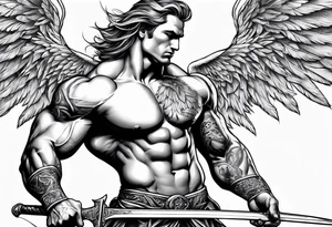 Micheal arc angel bent over pulling sword super muscular tattoo idea