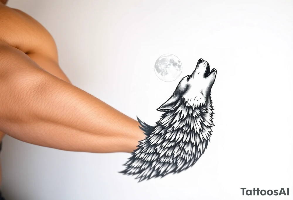 lone wolf howling at full moon with northern lights backdrop tattoo idea