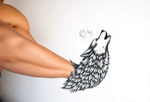 lone wolf howling at full moon with northern lights backdrop tattoo idea