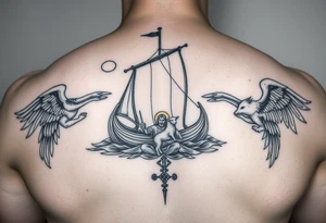 blend a viking sail boat, with the parabel of the fishermen in the sea with gods reaching down to save them, include jesus holding a lamb, include a valley of death and st michael the arch angel tattoo idea