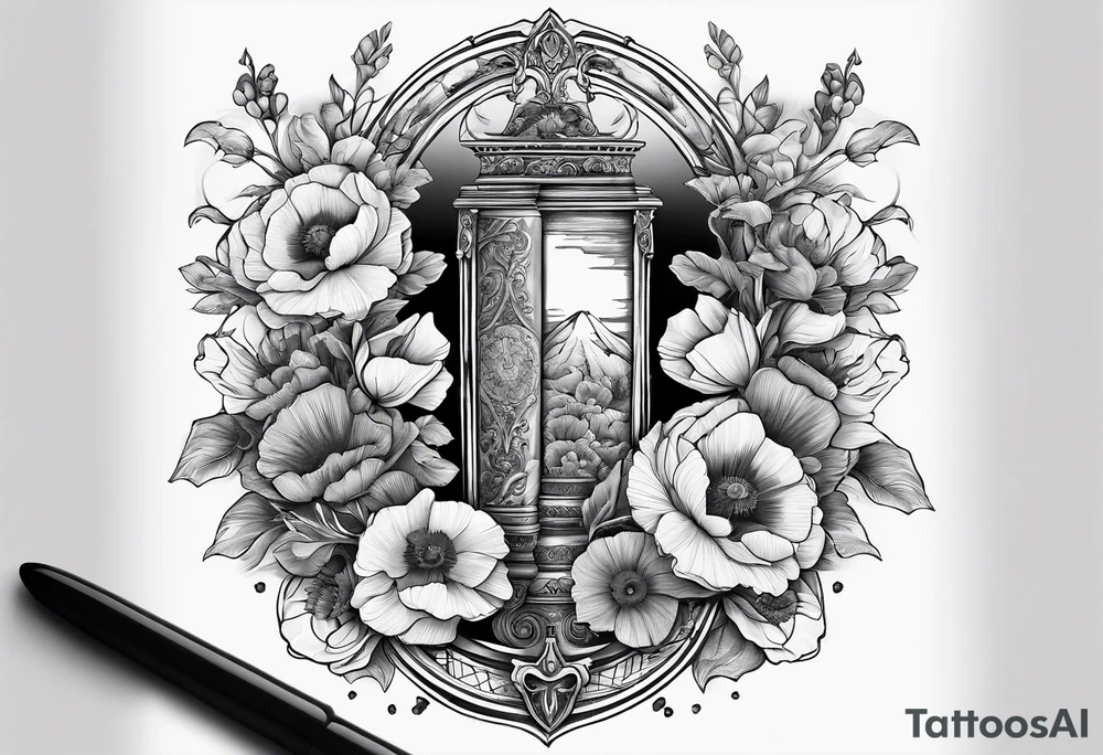 A book with a dagger surrounded by poppies tattoo idea A book with a dagger surrounded by poppies tattoo idea