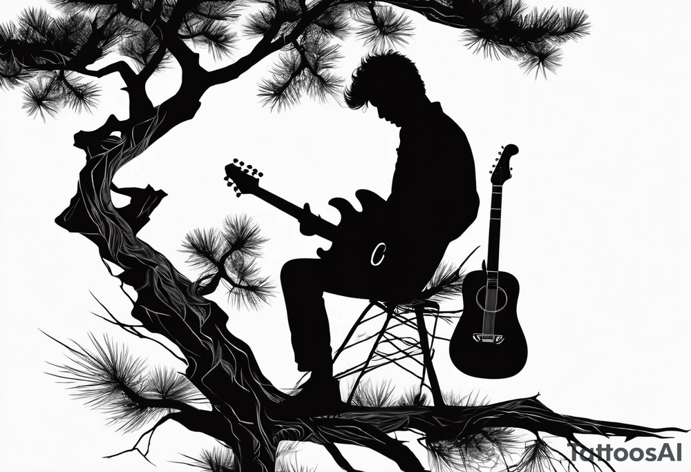 silhouette of a man sitting in a pine tree playing electric guitar tattoo idea