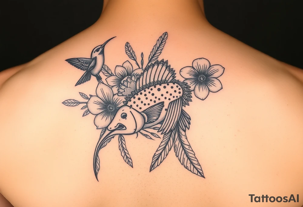 Exotic birds, Exotic flowers, Coy fish, a symbol of strength, a symbol of redemption, & with feathers tattoo idea