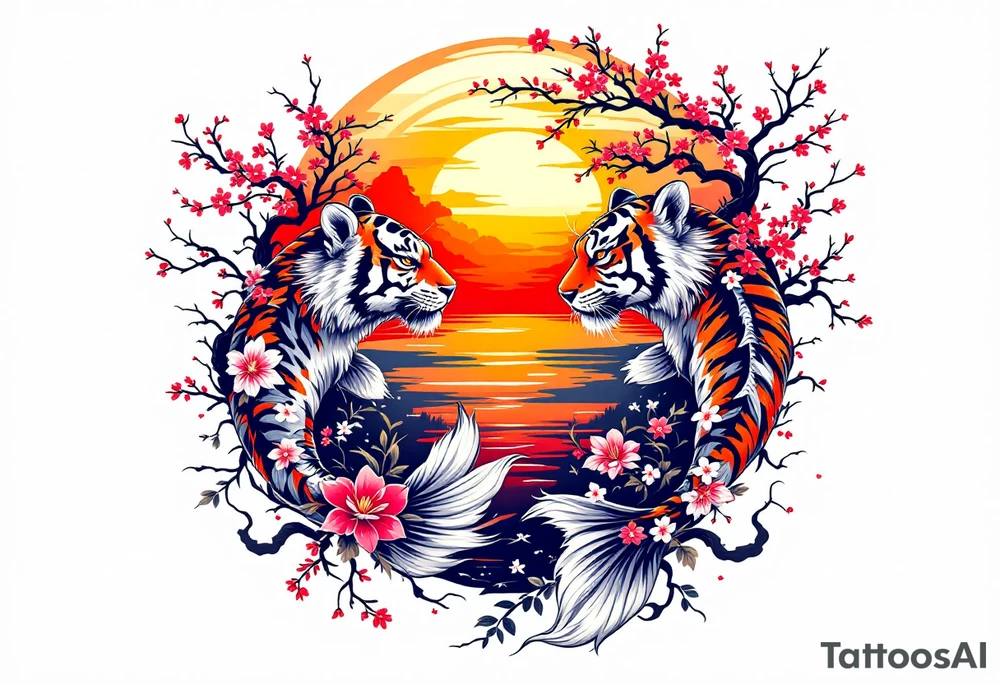 Koi fish, tiger, and cherry blossom tree, beautiful sunset in background tattoo idea