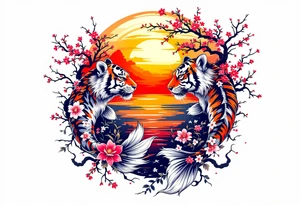 Koi fish, tiger, and cherry blossom tree, beautiful sunset in background tattoo idea