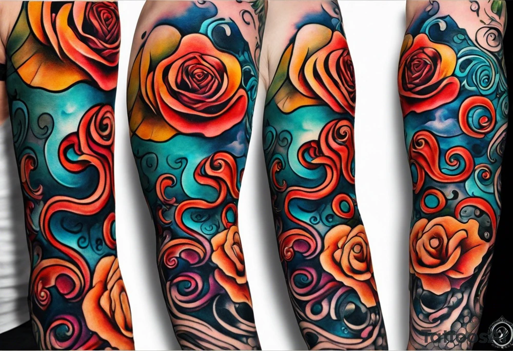 Octopus Arm Sleeve with fall colors
abstract gender-neutral Octopus Arm Sleeve tattoo with subtle facial features, a small rose, water swirls tattoo idea