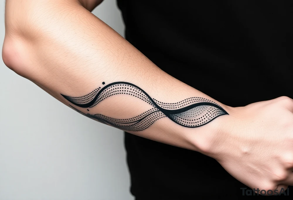 Bold abstract line tattoo for a male, inner forearm wrapping around the elbow, sharper wave forms, confident flowing black lines with controlled dotwork, strong contrast, modern masculine style, black ink only, no softness, tattoo-ready. tattoo idea