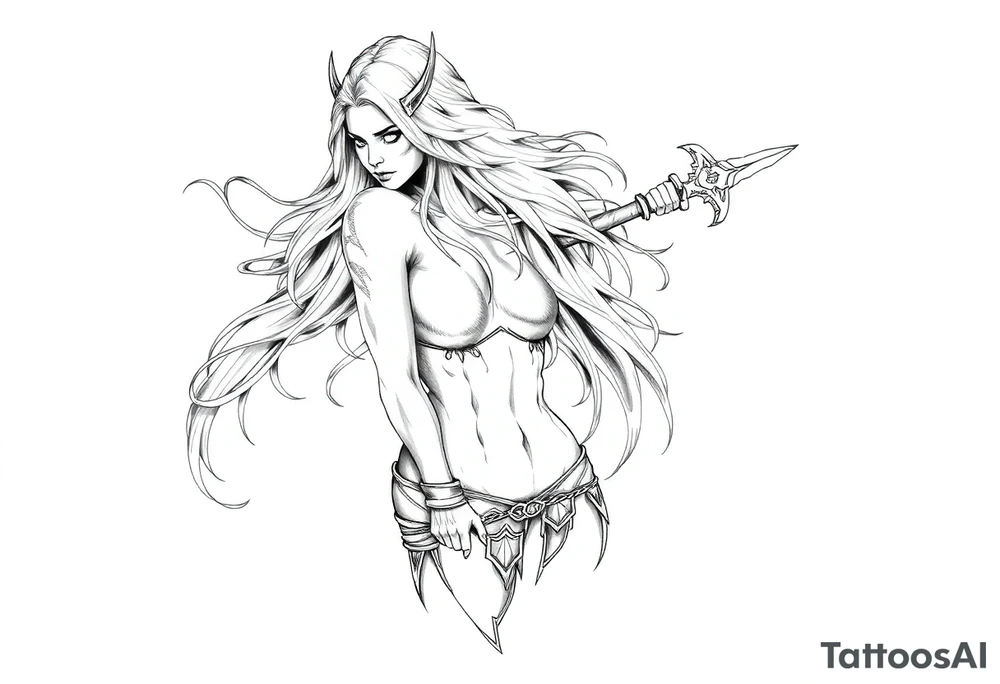 Viking goddess warrior full body sexy long hair tattoo idea