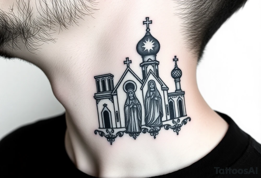 medium traditional russian orthodox church with russian coat arms and virgin mary on the side of the neck tattoo idea